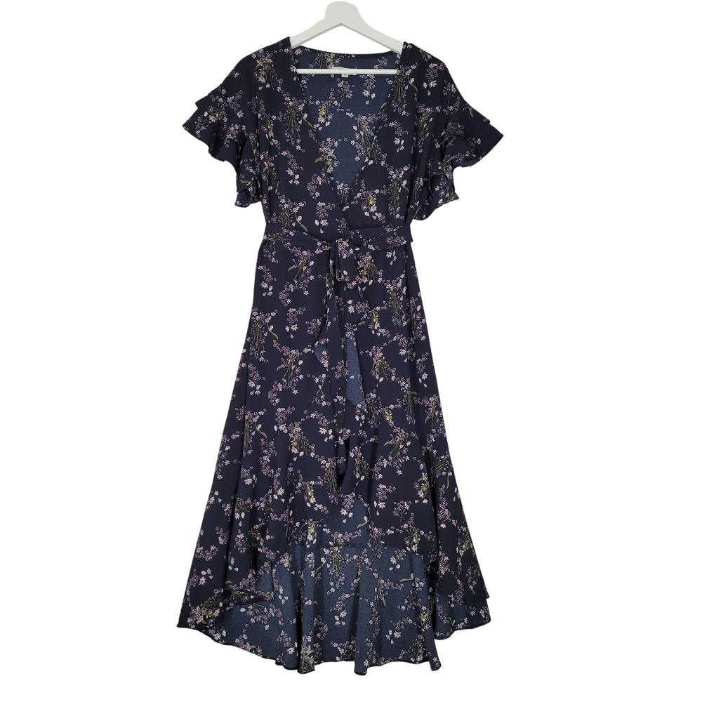 Max Studio Maxi Wrap Dress Womens Small Navy Blue Floral Ruffle High Low Cottage